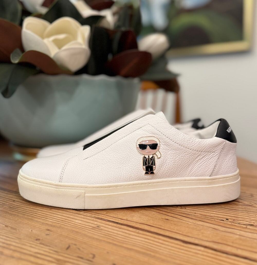 Karl Lagerfeld Paris White Leather Karl Pin Slip-On Sneakers Size 11